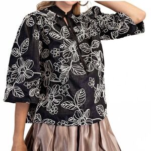 Glam Floral Embroidered Blouse Women Small Black White Split Tie Neck 3/4 Sleeve